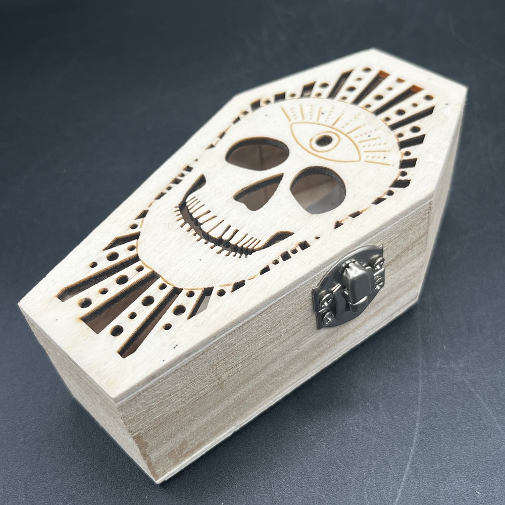 Wood Coffin Trinket Boxes LED Color Changing Skull Skeleton Halloween Decor 2pc - Picture 2 of 11